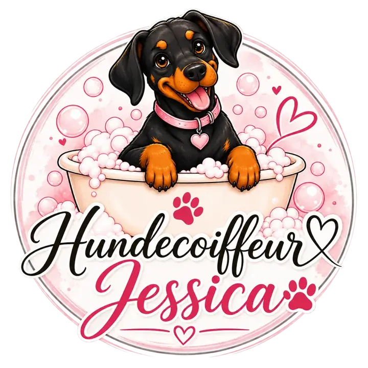 Logo Hundecoiffeur Jessica: Dobermann Raya in der Badewanne